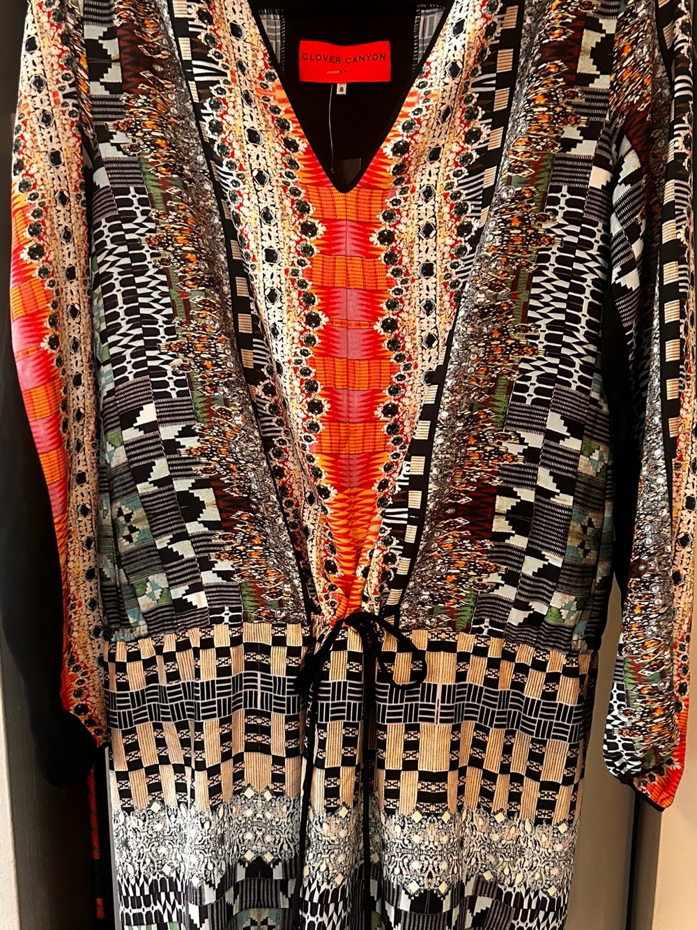 Clover Canyon Red, Black and Cream V-Neck Printed Dress